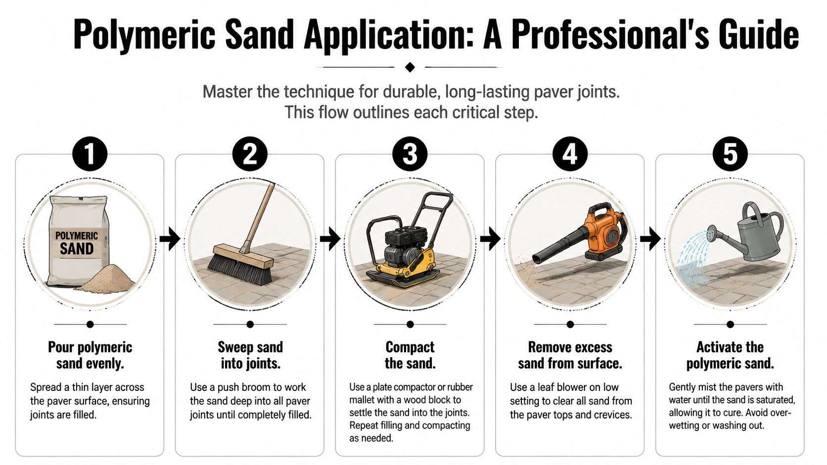 A five-step professional guide illustrating the proper application process for polymeric sand on paver joints.