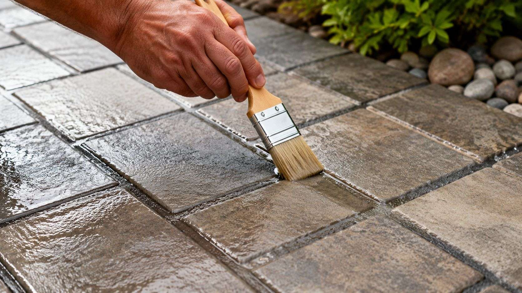 A person using a paintbrush to apply sealant to the joints between outdoor stone patio pavers.