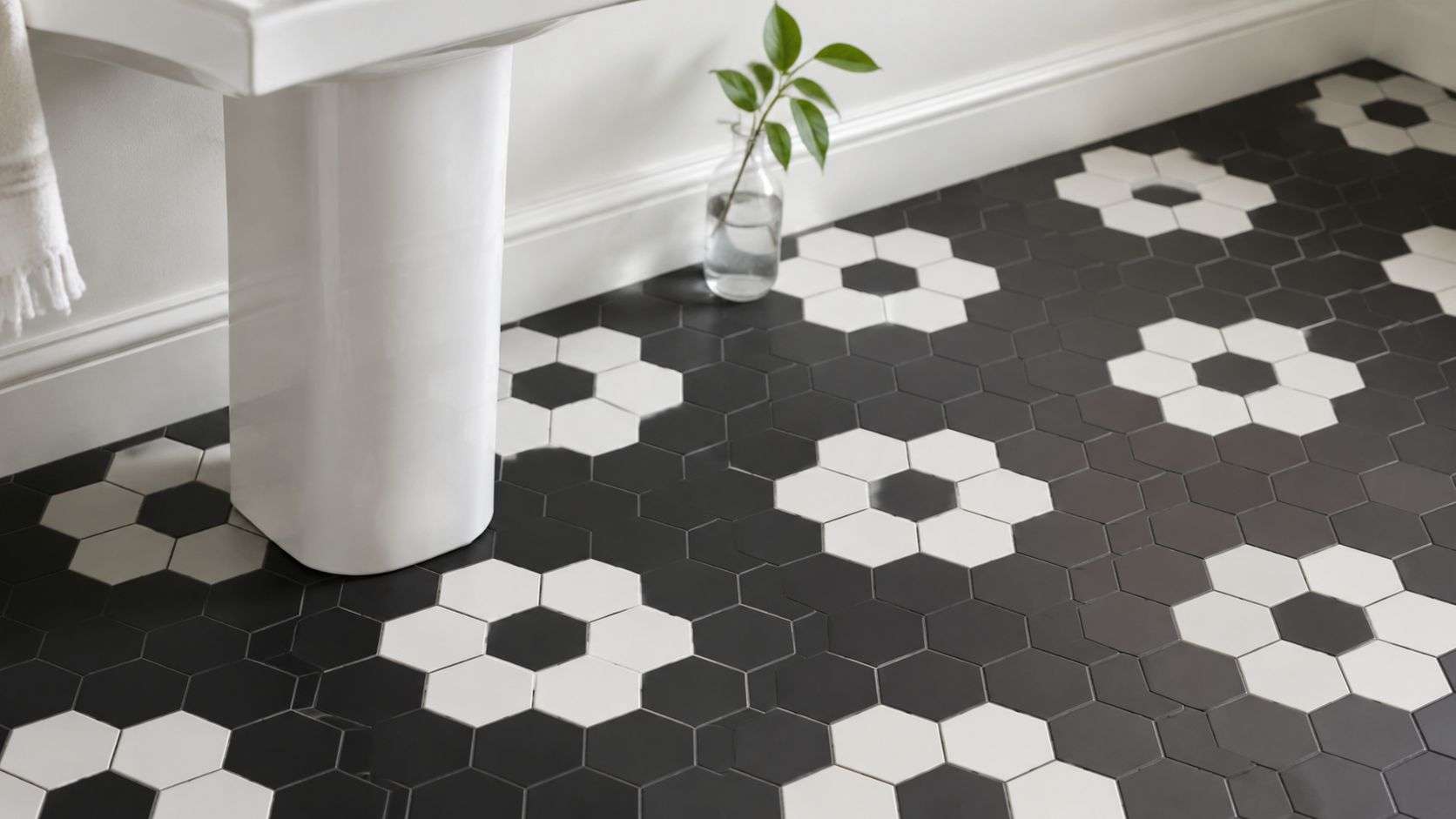 A close-up view of a bathroom floor featuring white and black hexagonal tiles arranged in flower patterns.